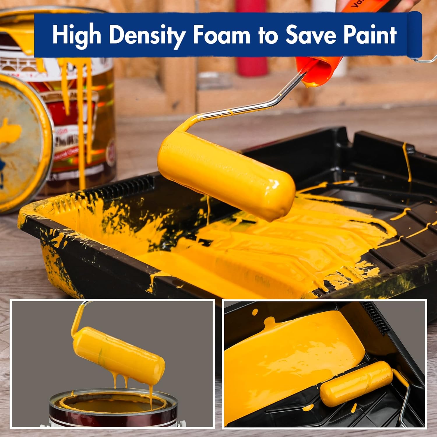 High-density foam mini paint rollers with yellow handle, for smooth paint application