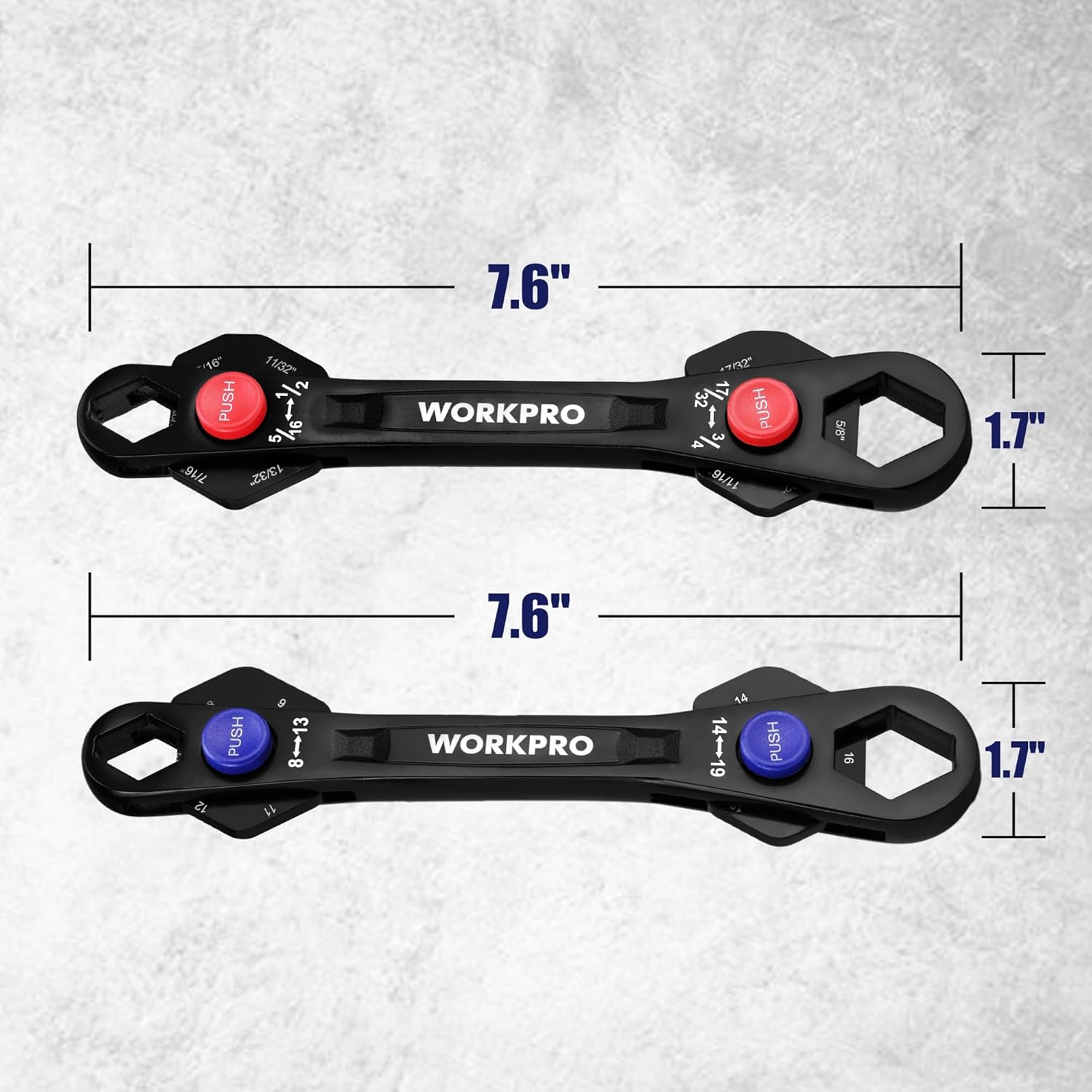 Two-piece adjustable wrench set with 7.6 in length, compact 1.7 in width, reversible heads