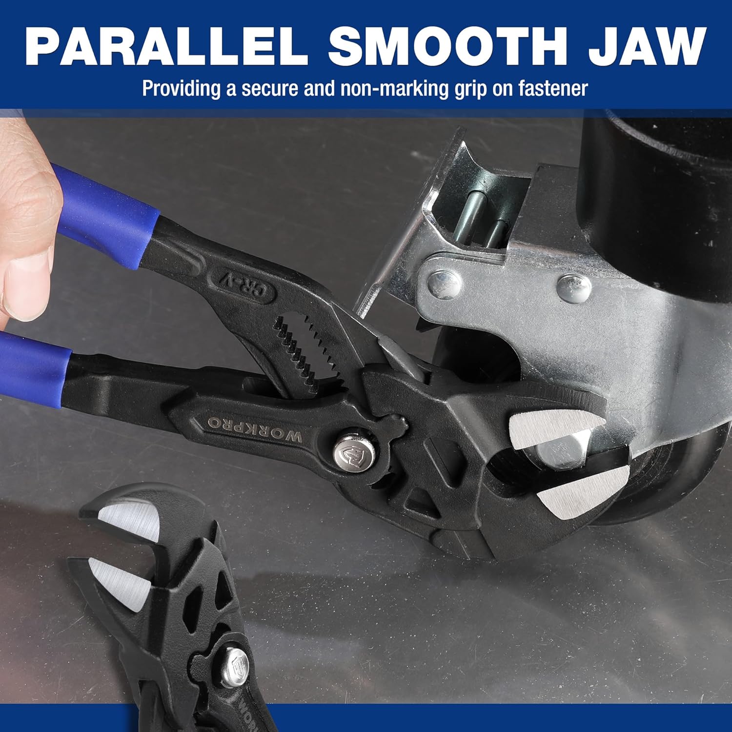 Black adjustable pliers wrench with blue grips and parallel smooth jaw contact
