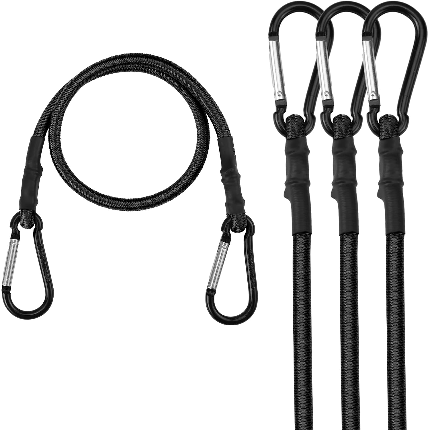 4-pack black bungee cords with metal hooks, elastic rope loops for luggage and cargo