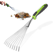 Stainless steel leaf rake with green handle lifting dry leaves and twigs