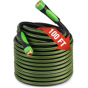 100 ft coiled hybrid garden hose with brass fitting, green accents on black hose.