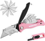 Pink WORKPRO folding utility knife with fixed blade and spare blade compartment