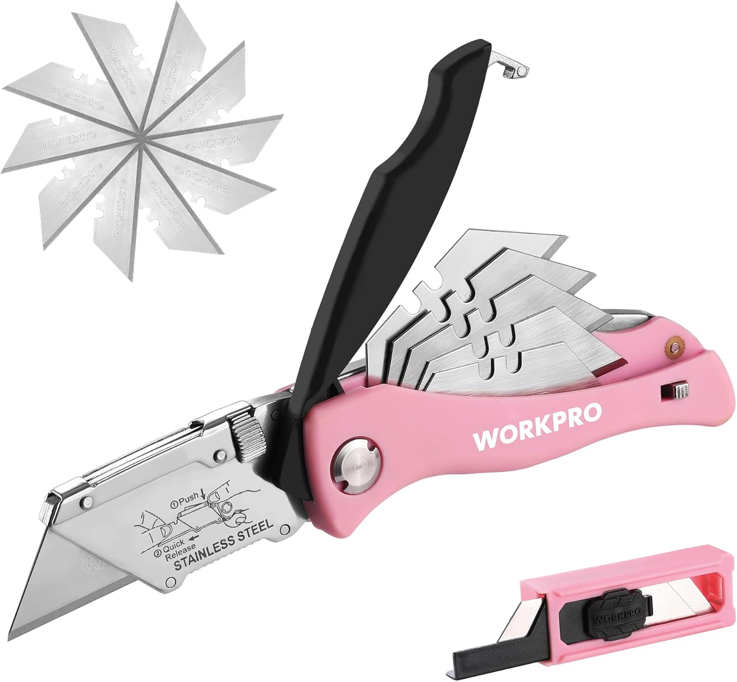 Pink WORKPRO folding utility knife with fixed blade and spare blade compartment