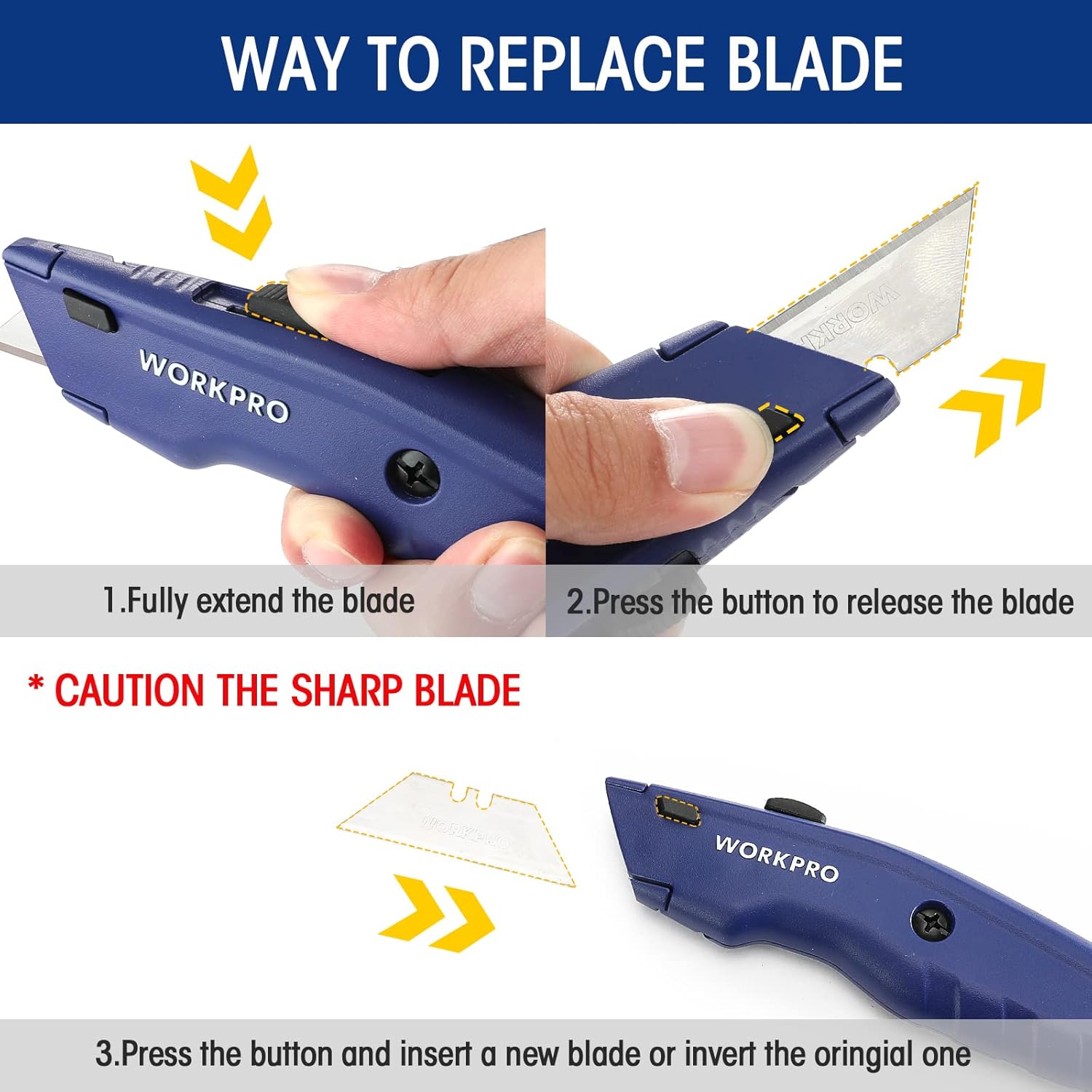 Retractable utility knife showing how to replace the blade, with blade extended