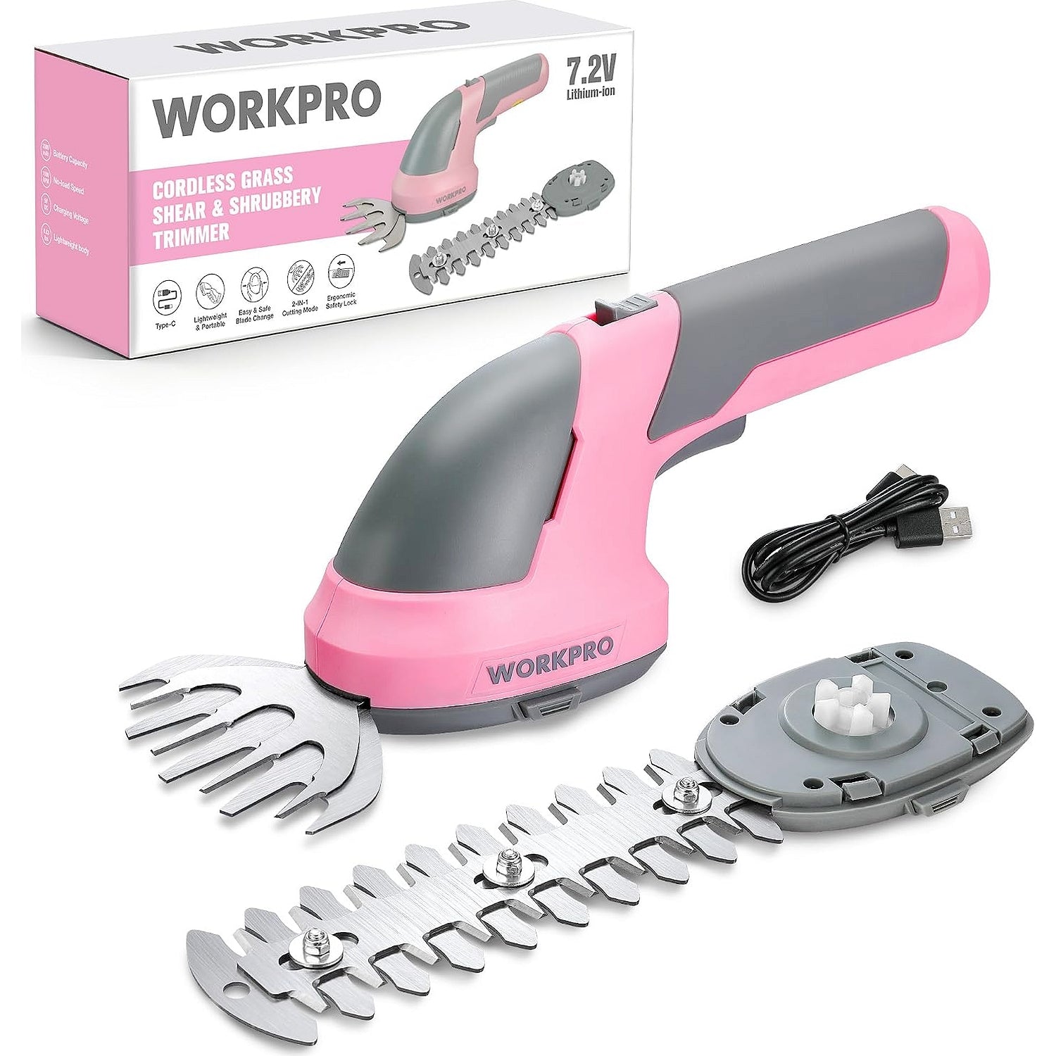 WORKPRO 2 in 1 Handheld 7.2V Electric Cordless Shrubbery Trimmer in Pink with innovation and durable blades