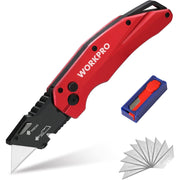 Red folding utility knife kit with spare blades in a blue storage case