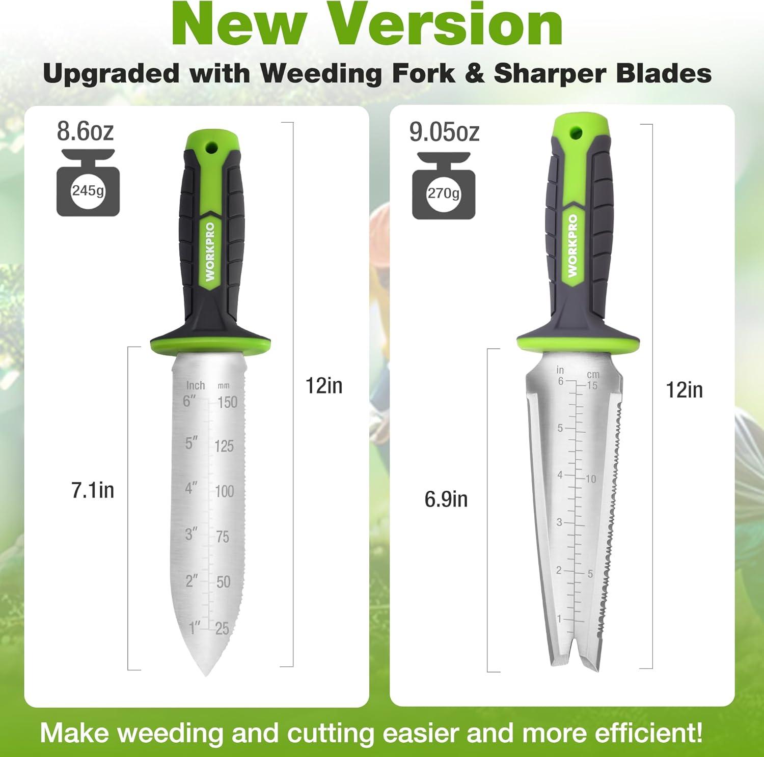 Garden weeding hori hori knife with stainless blade, measurement scale, fork tip