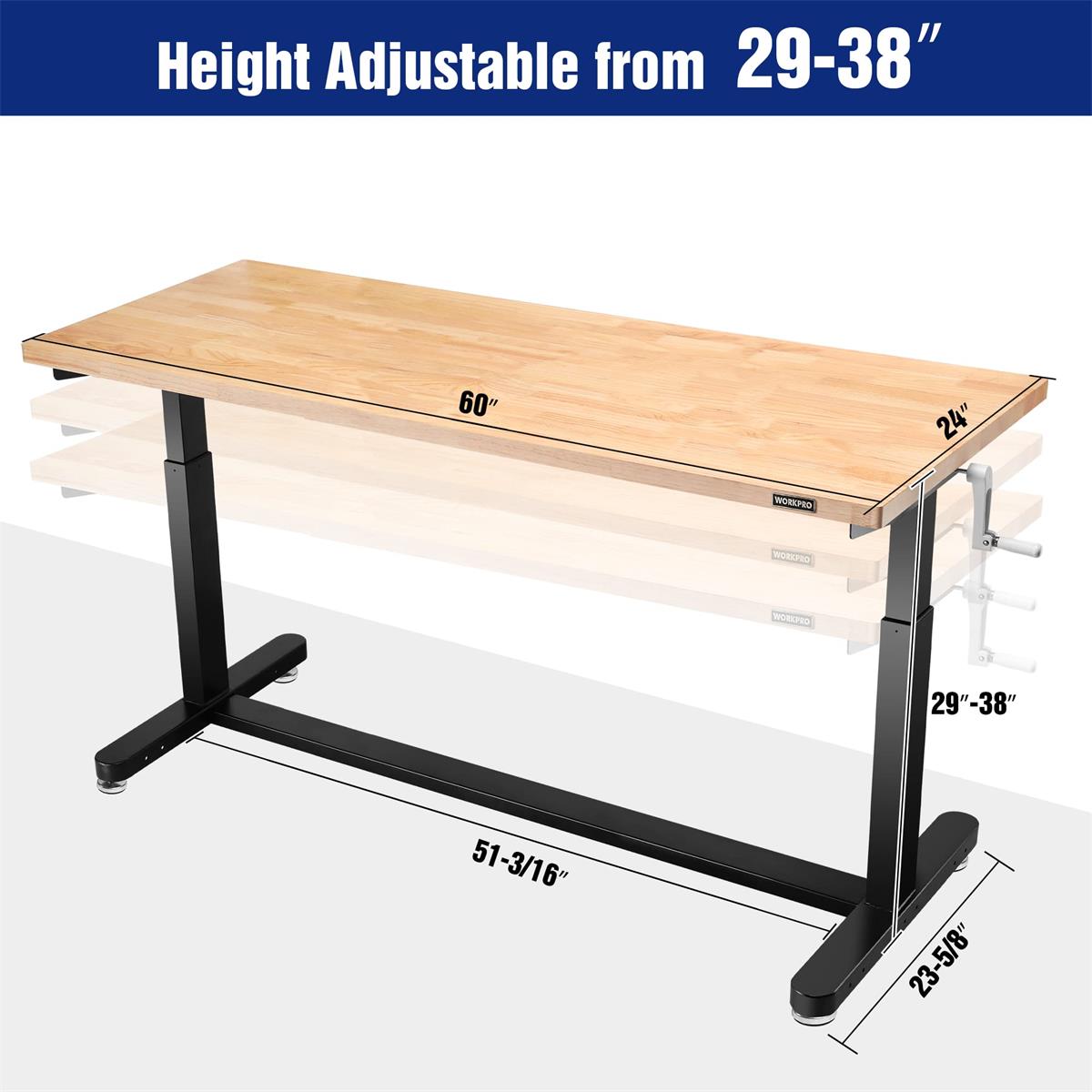 Height-adjustable work table with light wood top, black steel frame, 29–38 in height range.