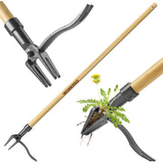 Close-up weed puller tool with bamboo handle and four-claw cast iron head