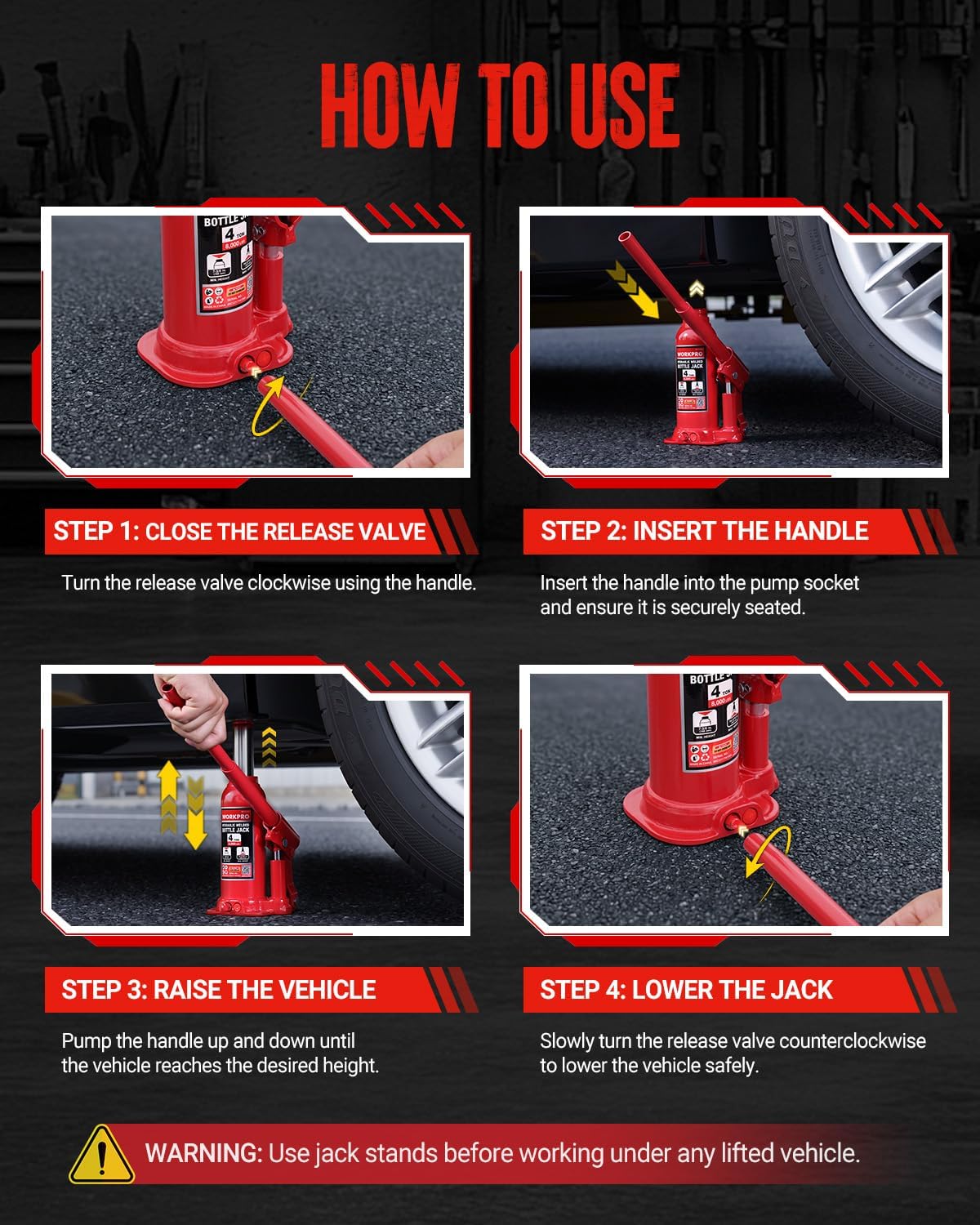 WORKPRO Bottle Jack, 4 Ton Heavy Duty Hydraulic Car Jack with Storage Case