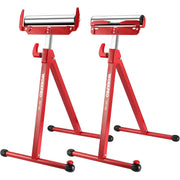 Red folding roller stand with rollers, adjustable legs, and black rubber feet; standing pair