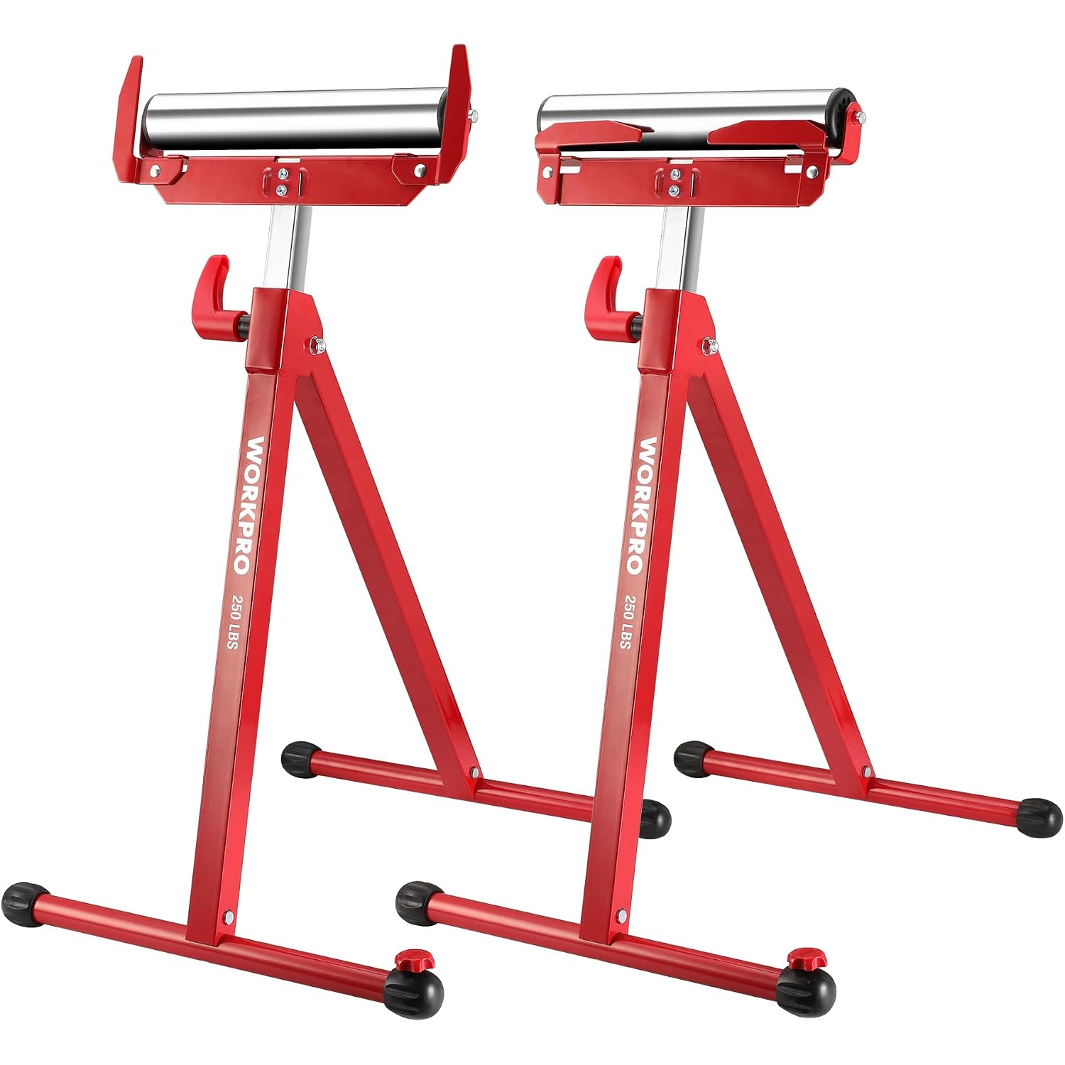 Red folding roller stand with rollers, adjustable legs, and black rubber feet; standing pair