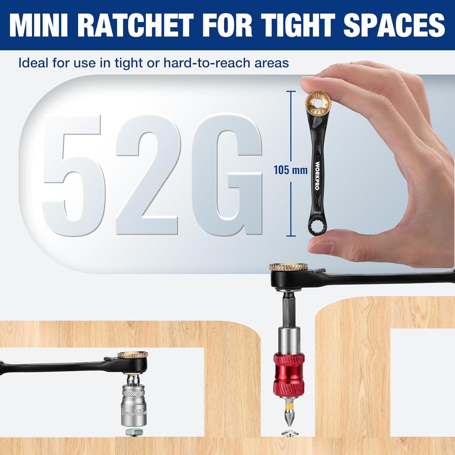 Mini 1/4 in ratchet wrench with low-profile offset head, in hand