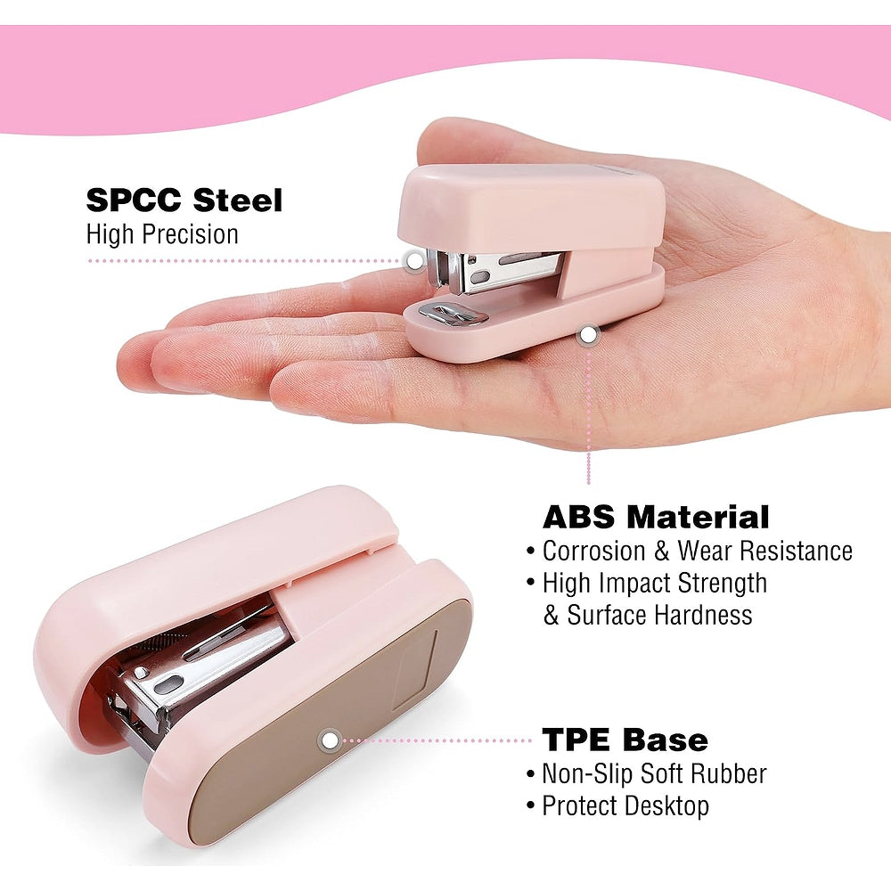 Pink mini stapler showing ABS body, TPE base, and SPCC steel staples