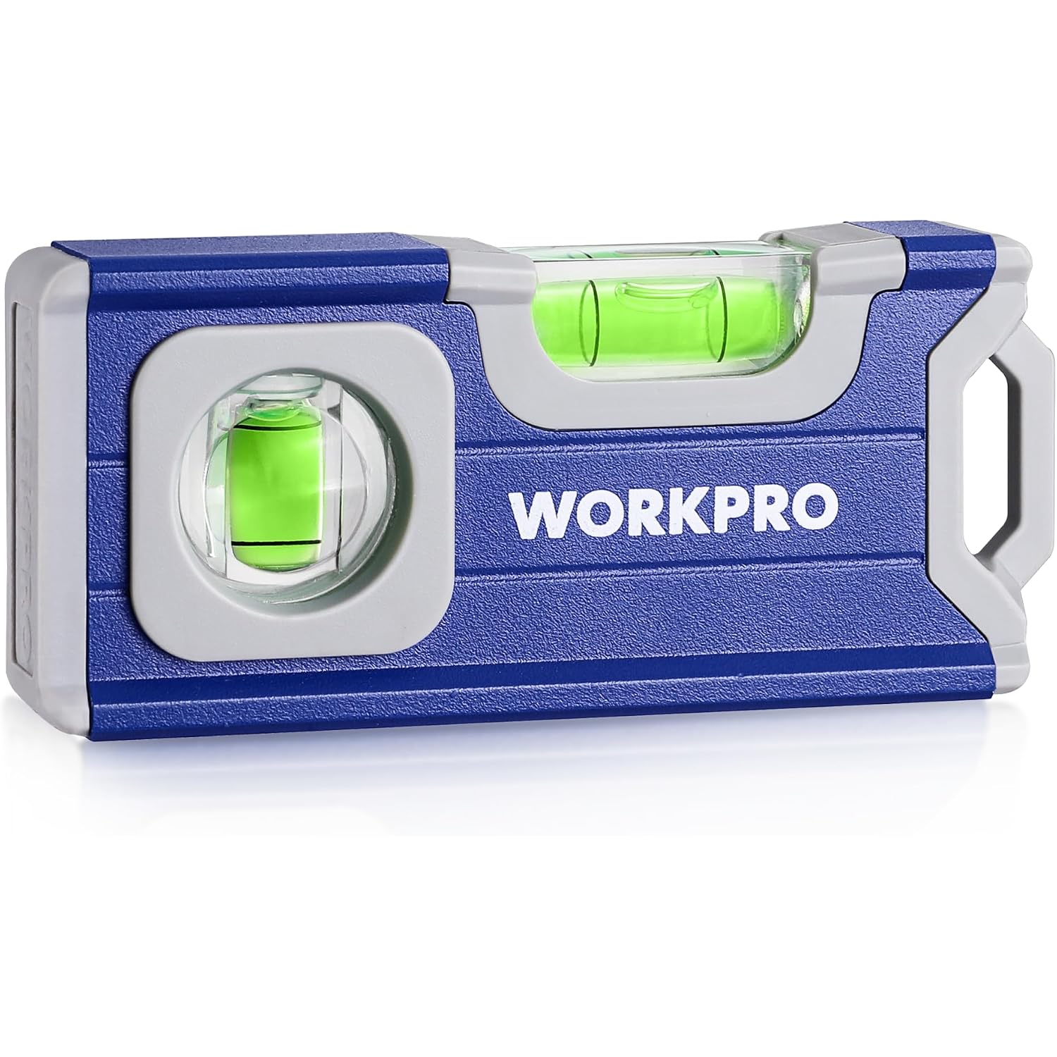 Cobalt blue mini magnetic pocket level with two green vials and white handle grips.