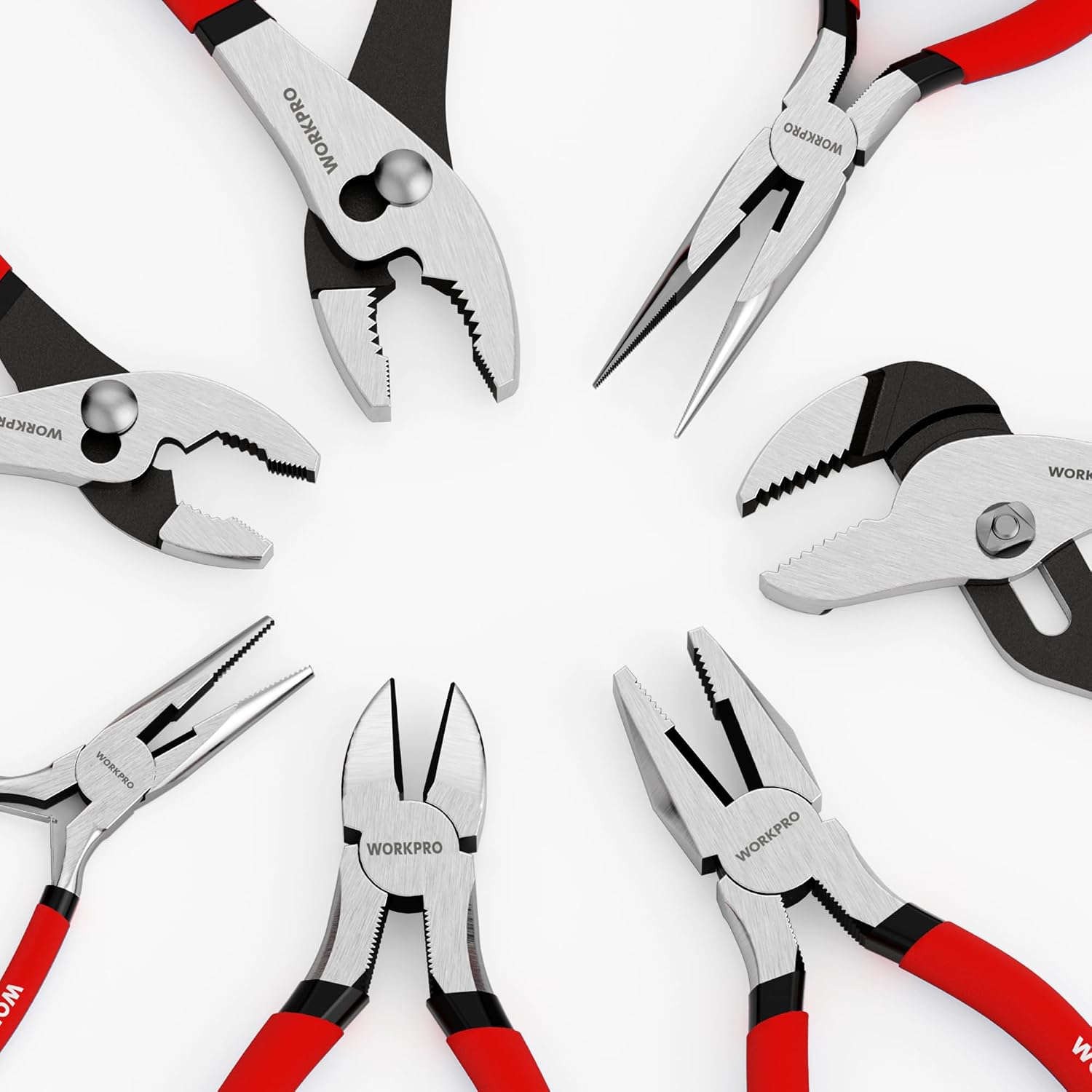 WORKPRO 7-Piece Pliers Set, Pliers Tool Set with Comfort Grip, Red | Groove Joint Plier, Long Nose Pliers, Slip Joint Pliers, Linesman Plier, Diagonal Pliers for DIY & Home Use