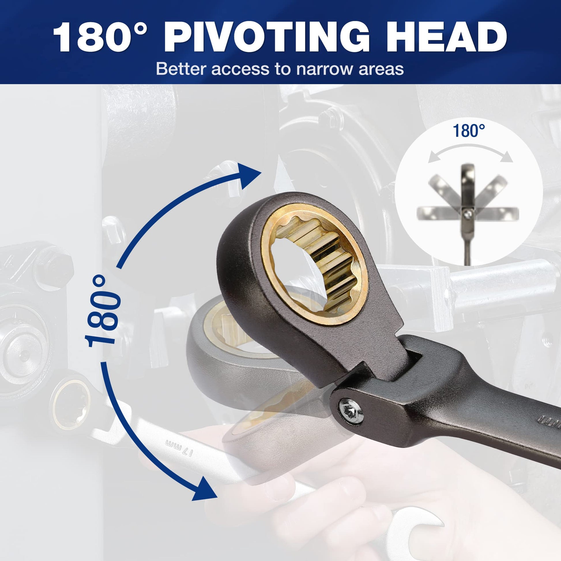 Flex-head ratcheting wrench head with gold ratchet opening and wide pivot for access