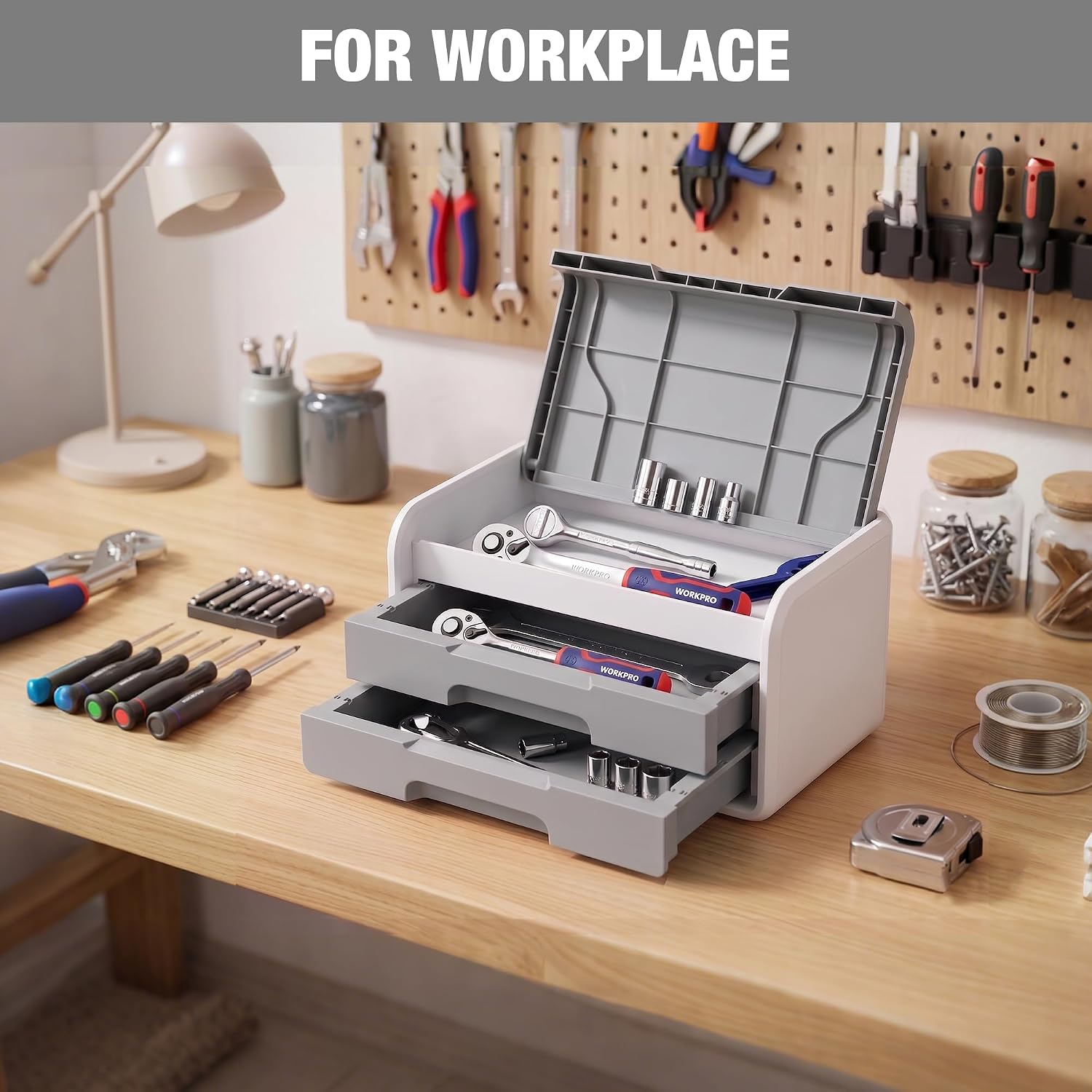 Grey and white desktop drawer organizer with flip-top lid and two pull-out drawers, open