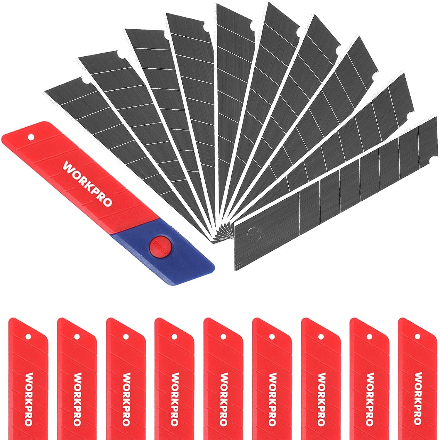 Snap-off replacement blade set with multiple dark gray segments fanned out