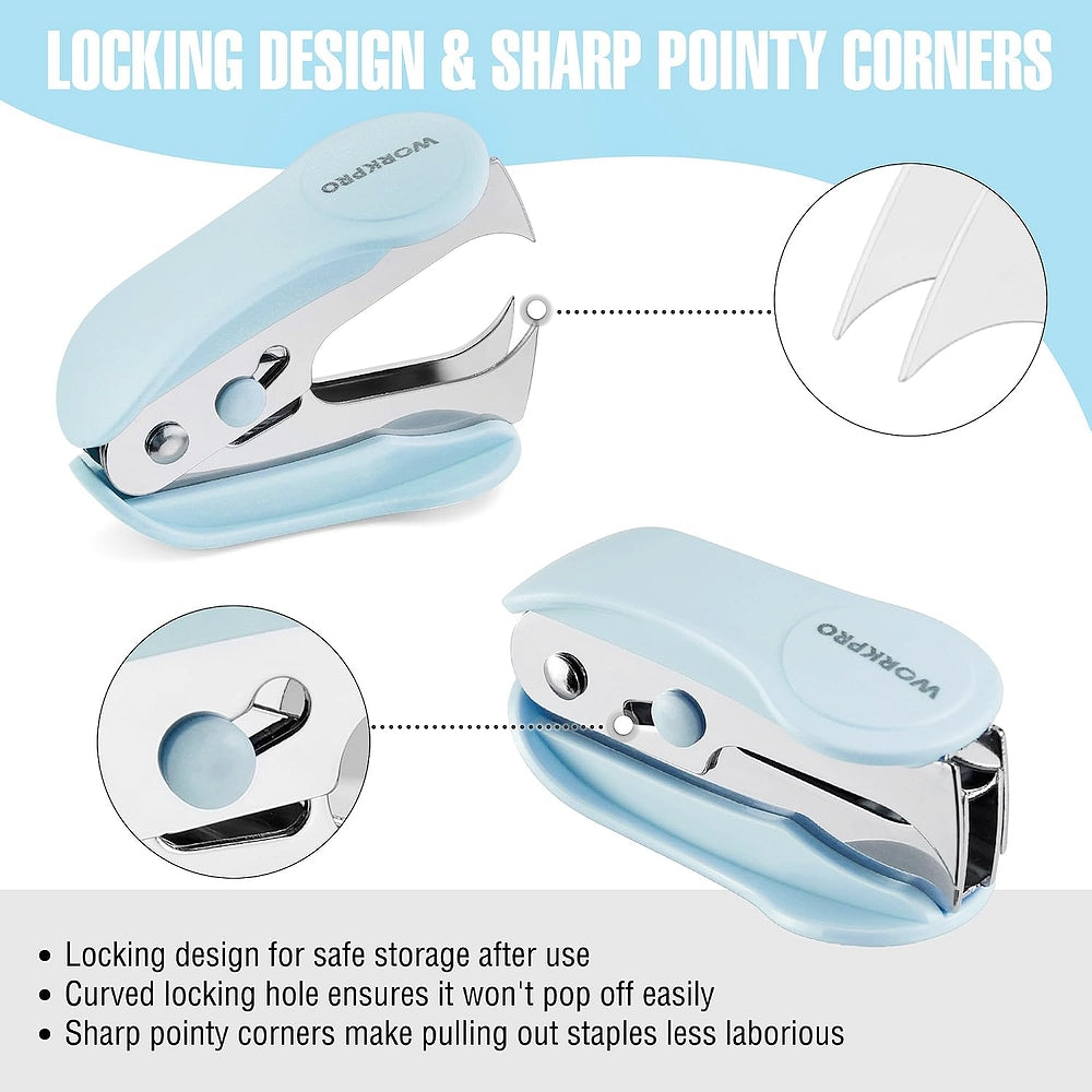 Light blue mini stapler with locking design and curved nose for staple removal