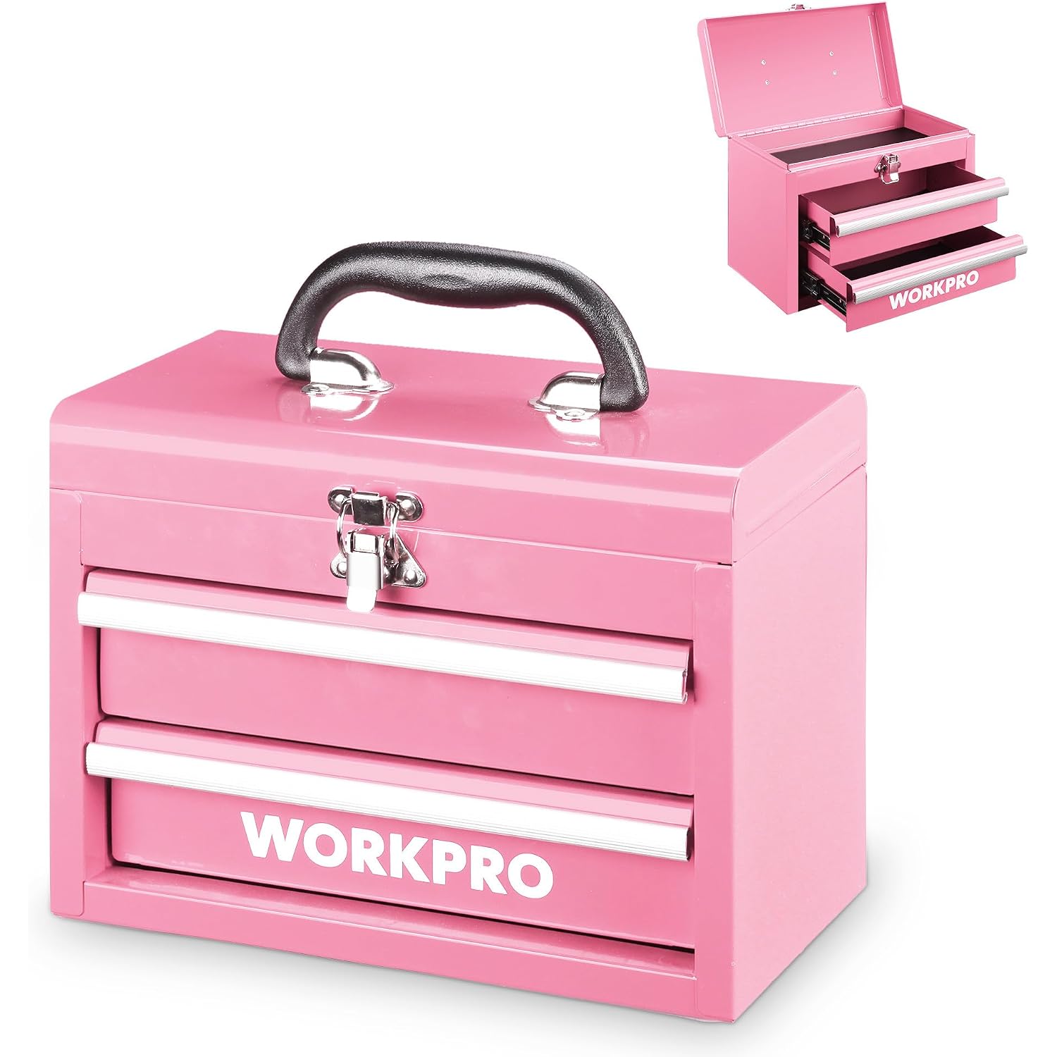Pink portable mini metal tool chest with two drawers, front handle and latch