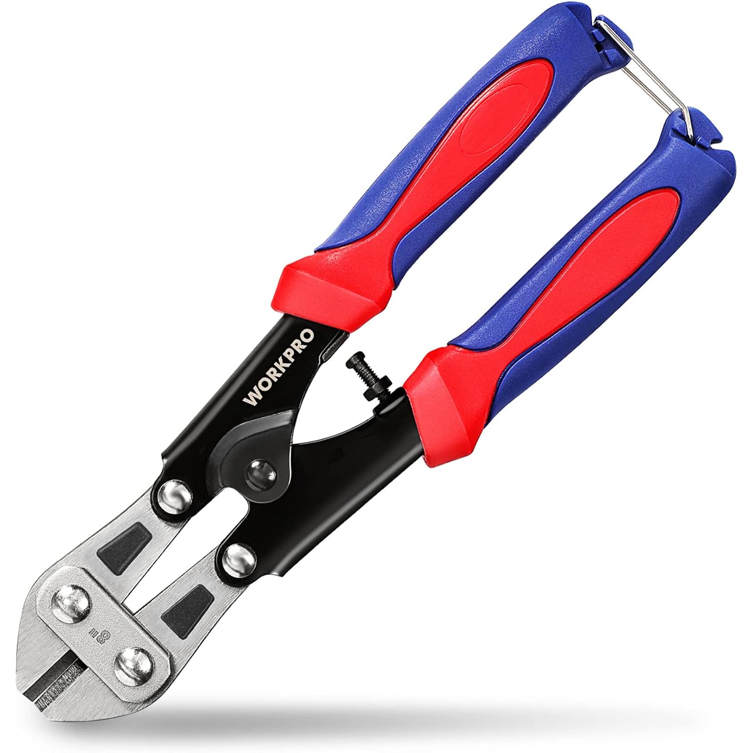 Mini bolt cutter with blue and red insulated handles and black steel cutting jaws