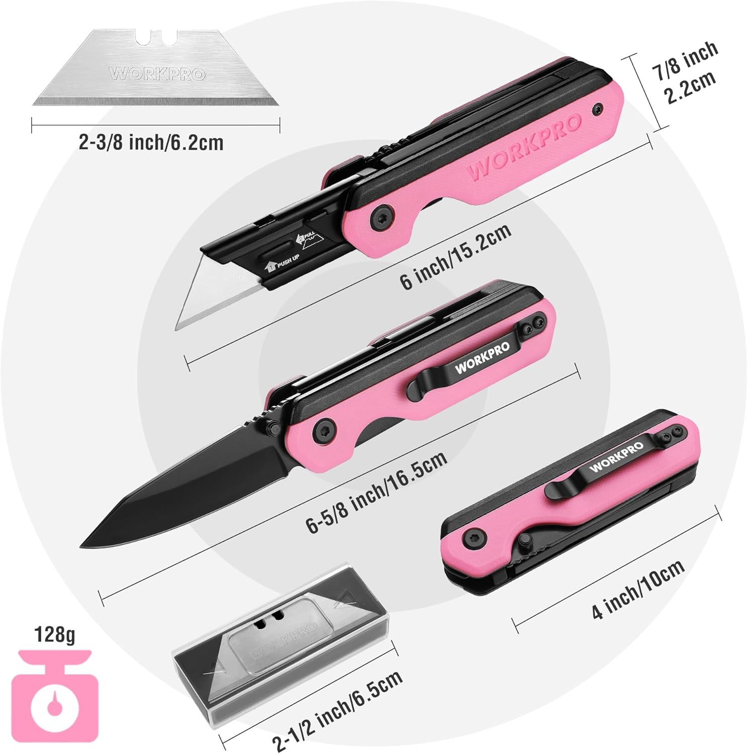 Pink folding utility knife with black blade, belt clip, and liner lock