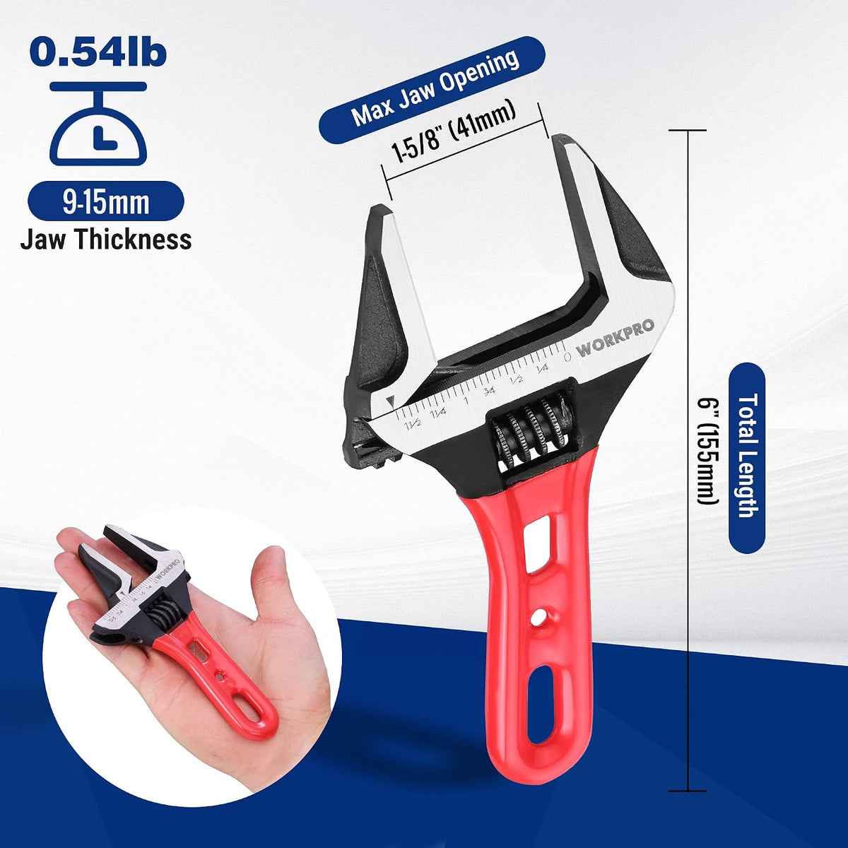 WORKPRO 6" Stubby Adjustable Wrench, 1-5/8" Extra Wide Jaw Opening