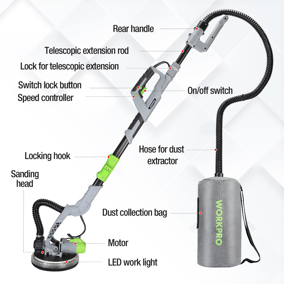 Electric drywall sander with telescopic rod, dust bag, vacuum hose, and LED work light