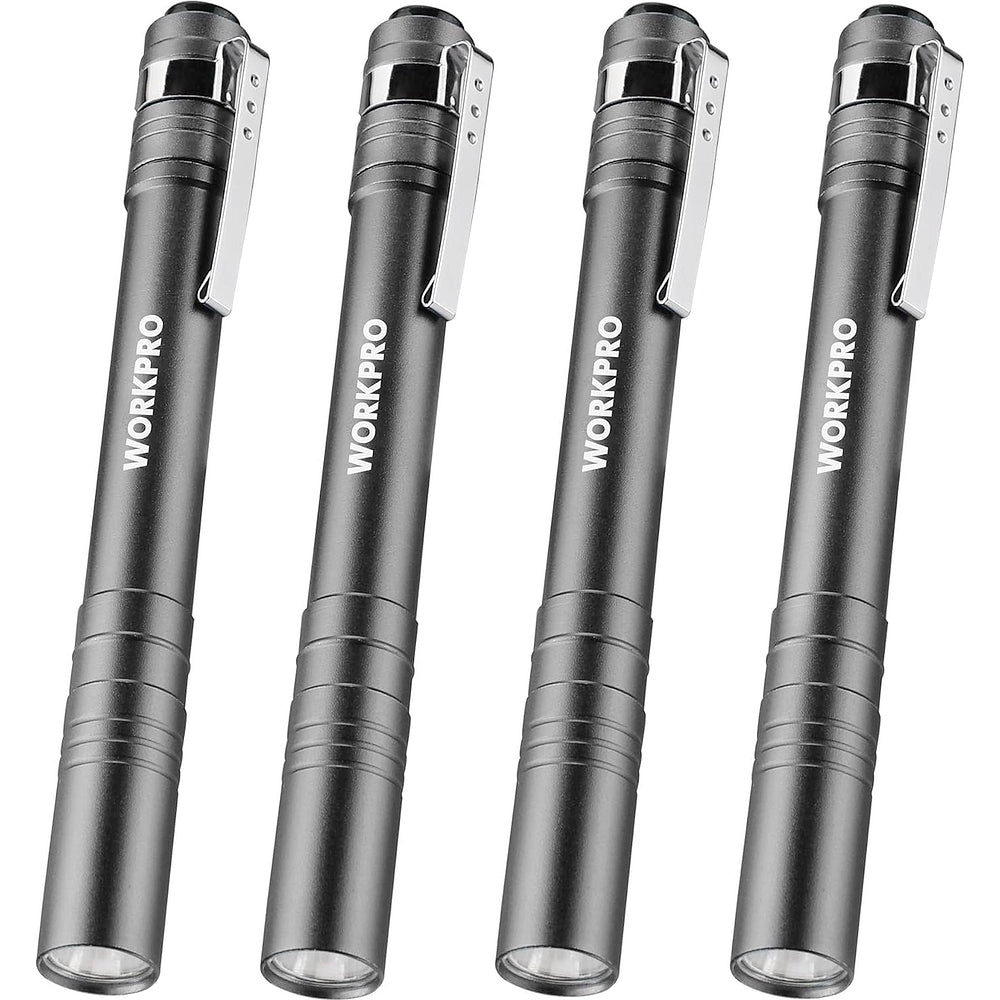 4-pack aluminum LED pen flashlights with pocket clips, dark gray finish