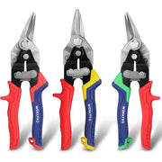 Set of three aviation tin snips with different grips: red, blue, yellow, and green handles