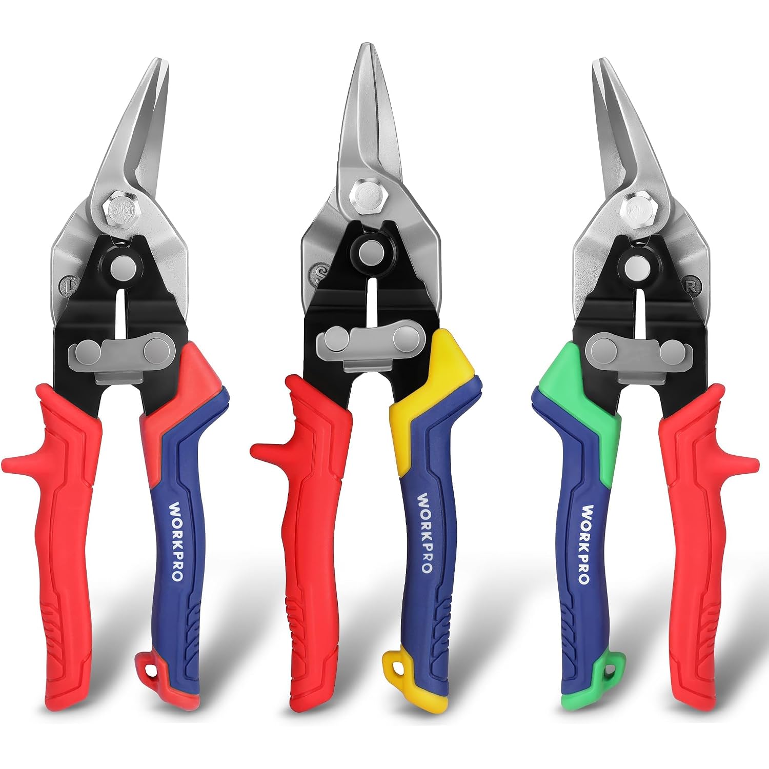 Set of three aviation tin snips with different grips: red, blue, yellow, and green handles