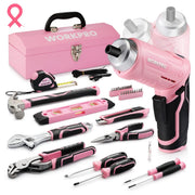 Pink 75-piece tool assortment with steel toolbox, cordless screwdriver, and bits