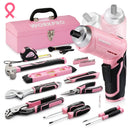 WORKPRO 55 Pcs/75 Pcs Pink Household Tools Set, 3.7V Rotatable Cordless Screwdriver - Pink Ribbon