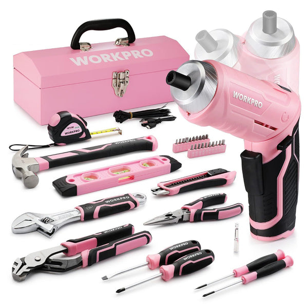 WORKPRO 75 Pcs Pink Tools Set, 3.7V Rotatable Cordless Screwdriver, and Household Tool Kit
