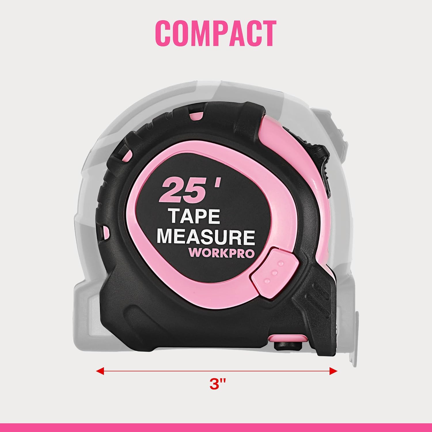 Compact pink and black 25-ft tape measure housing with retractable blade