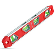 Red aluminum torpedo level with 4 green bubble vials and anti-slip grip