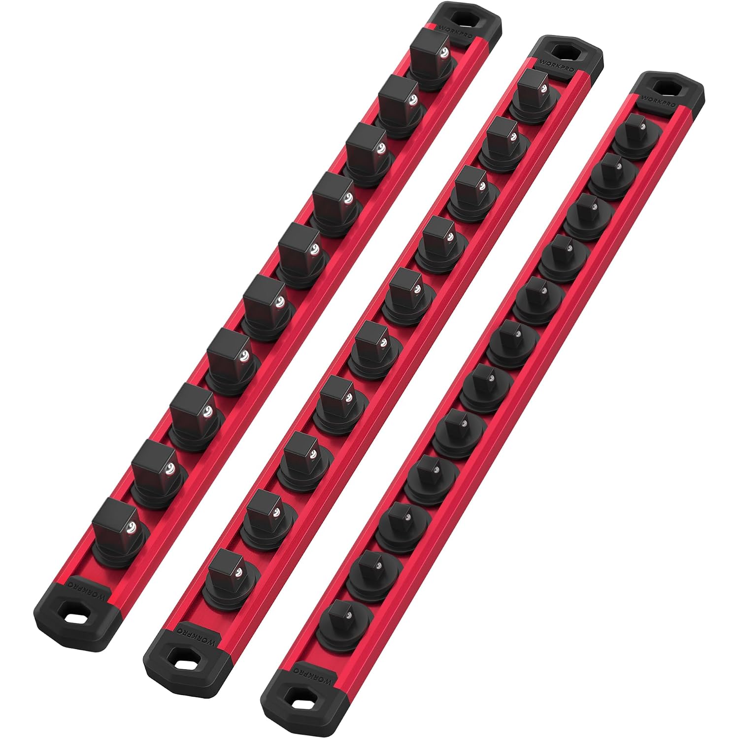 Three red aluminum magnetic socket holder strips with black magnet tips and open sockets.