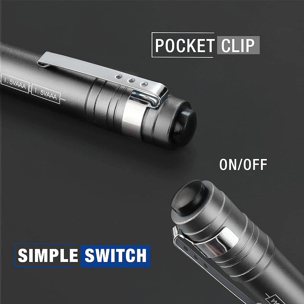 Aluminum LED pen flashlight with metal pocket clip and on/off switch, dark gray
