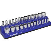 Blue magnetic 1/4-inch metric socket organizer tray with chrome socket holders in neat rows