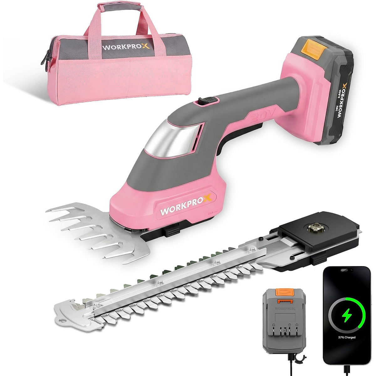 WORKPROX 20V Pink Cordless Grass Shear & Shrubbery Trimmer - 2-in-1 Handheld Electric Grass Trimmer Hedge Shears/Grass Cutter with Tool Bag, Rechargeable Lithium-Ion Battery and Type-C Cable Included