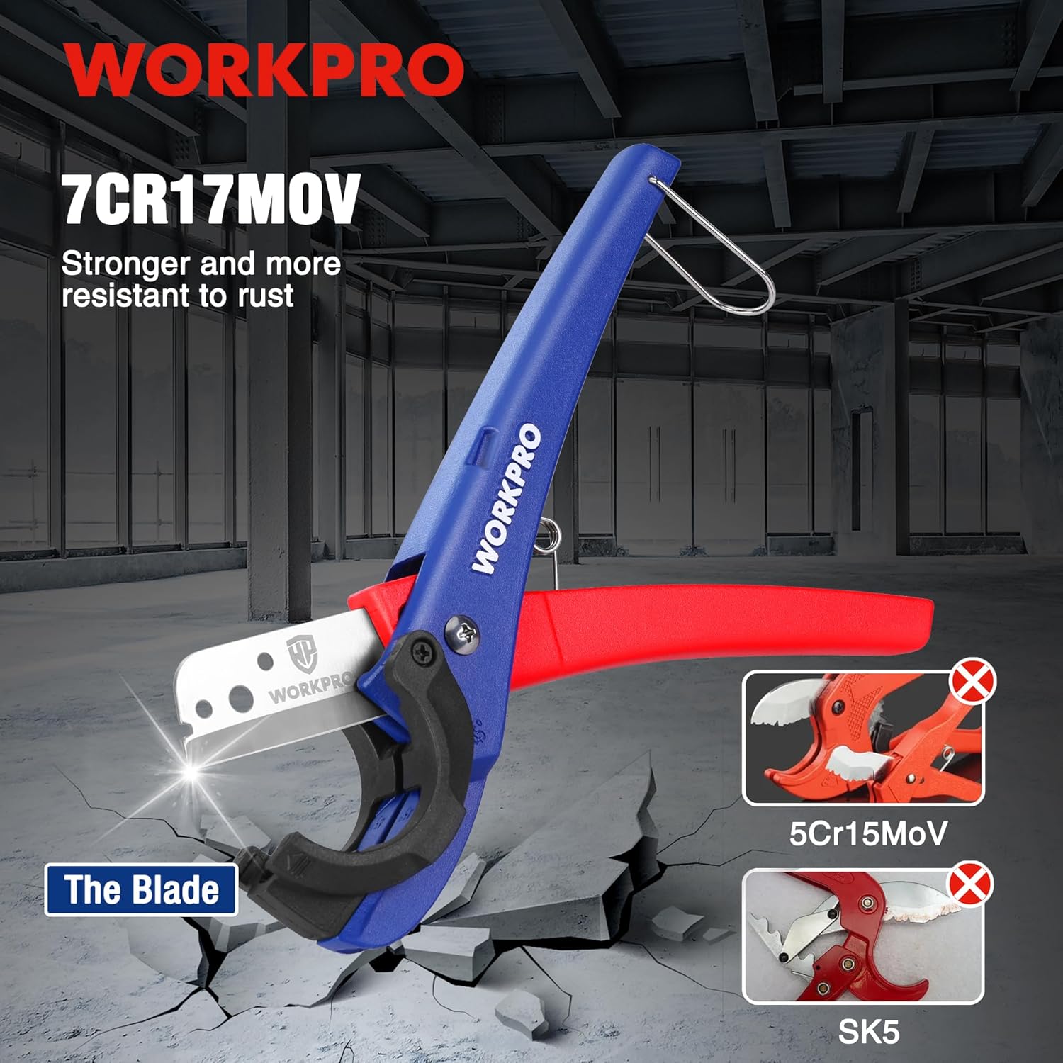 Heavy-duty pipe cutter with blue and red body, rugged blade for tough jobs