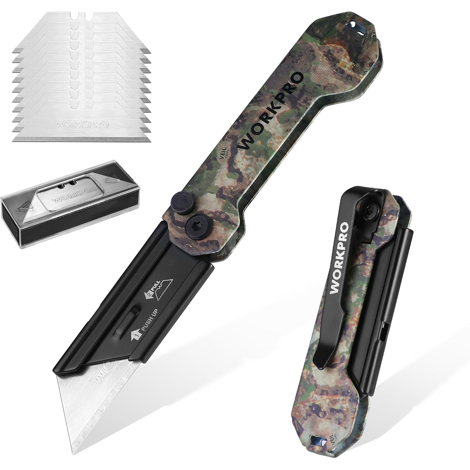 WORKPRO EDC Folding Utility Knife, Mini Box Cutter with Quick Open Axis Lock, Quick Change Blade Razor Knife, Foldable Small Pocket Knife with Belt Clip, 1 Pack with 10 Extra Blades