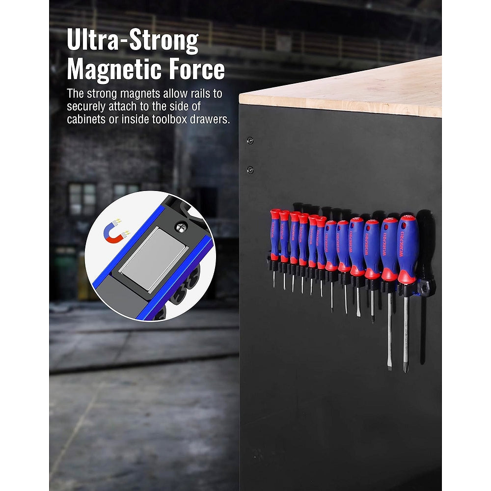 Magnetic tool holder board with black panel, blue strip, and red/blue screwdriver slots