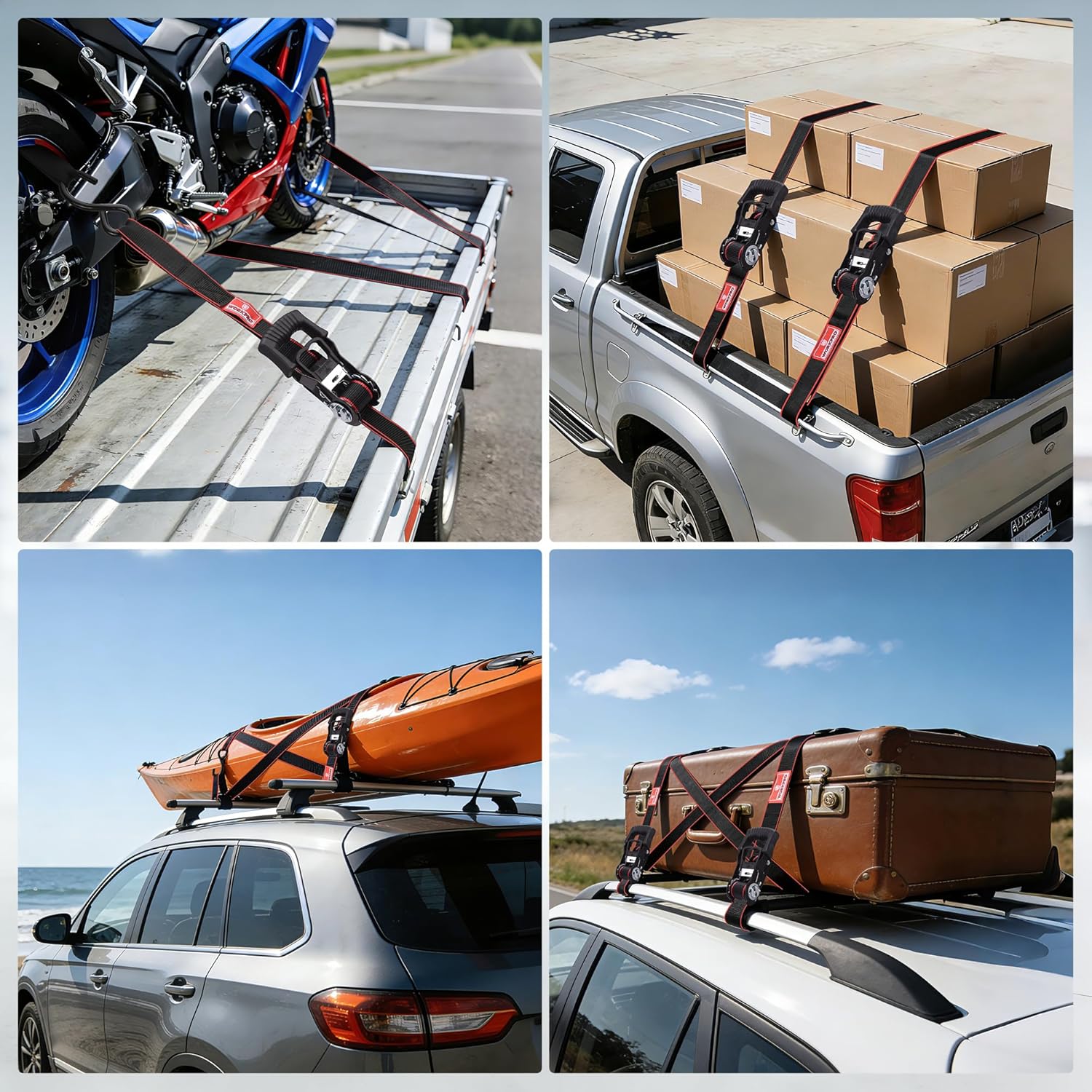 Red-and-black ratchet tie-down straps securing cargo on a motorcycle and vehicles