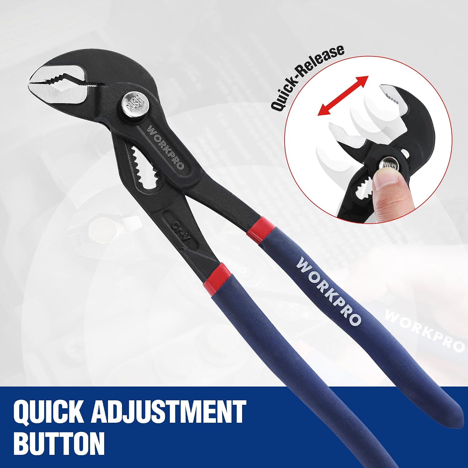 Groove joint pliers with quick-adjust button on black-and-blue handles and red accents