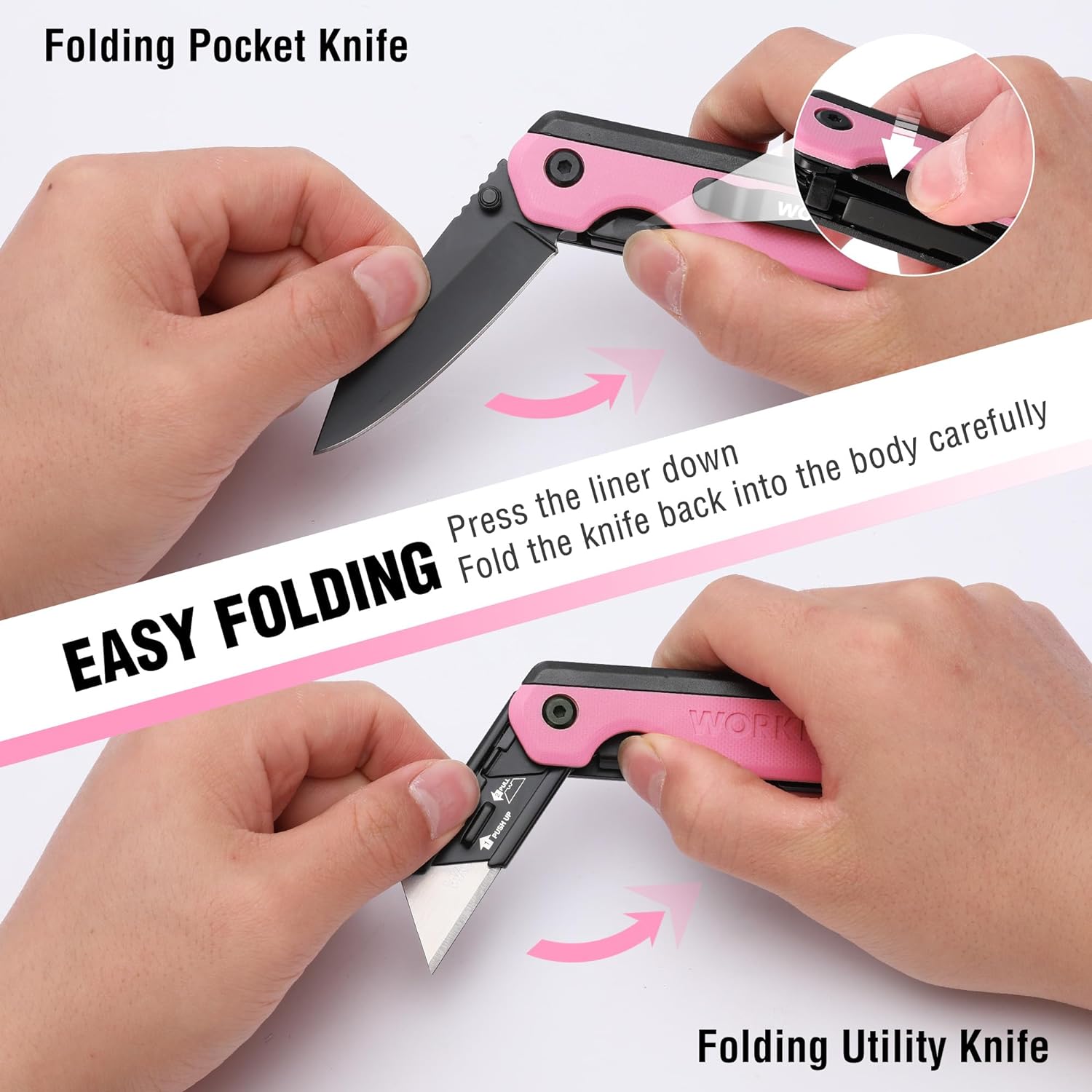 Pink folding utility knife in hands, showing open blade and liner lock