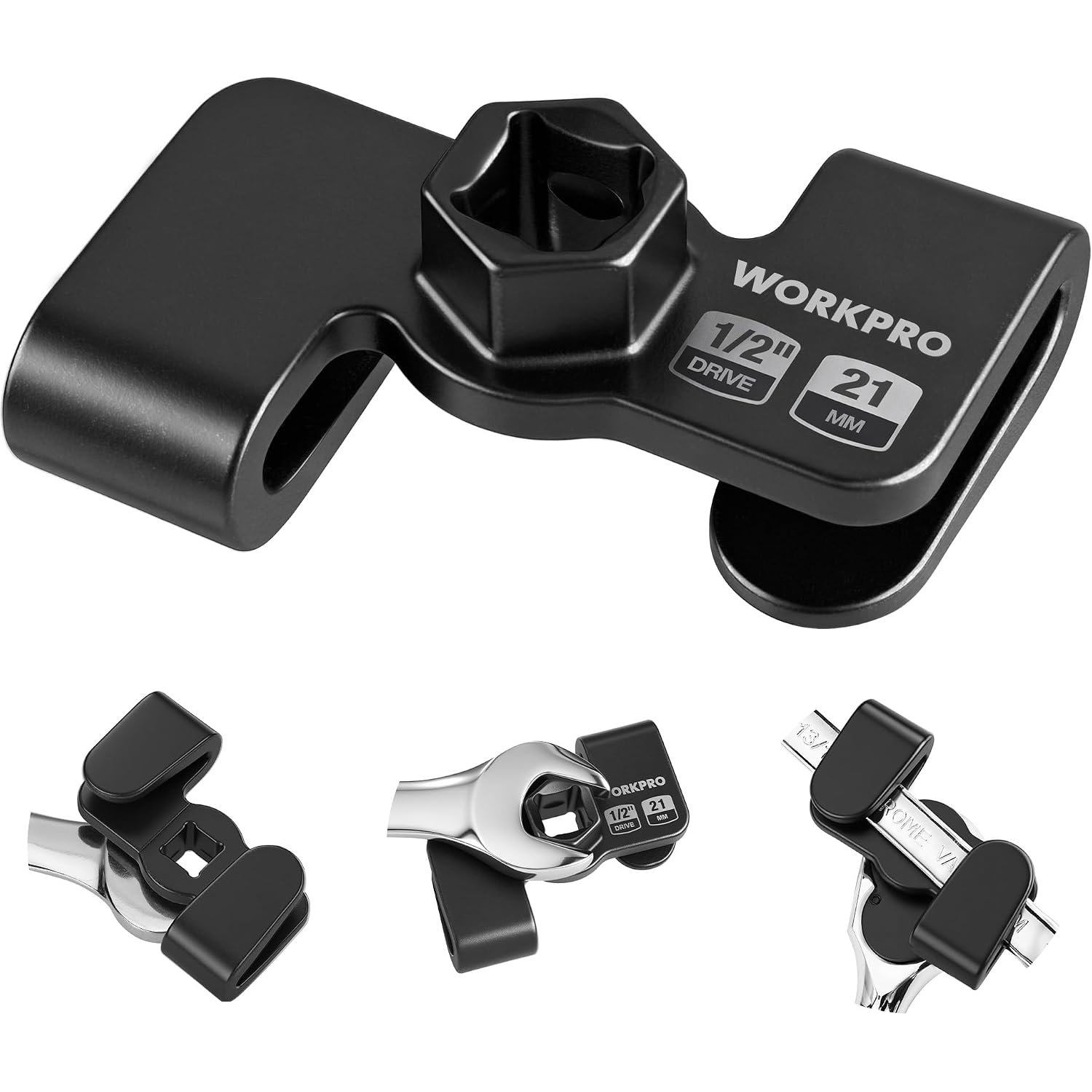 WORKPRO black 1/2 in drive wrench extender adapter with 21 mm hex socket, set shown.