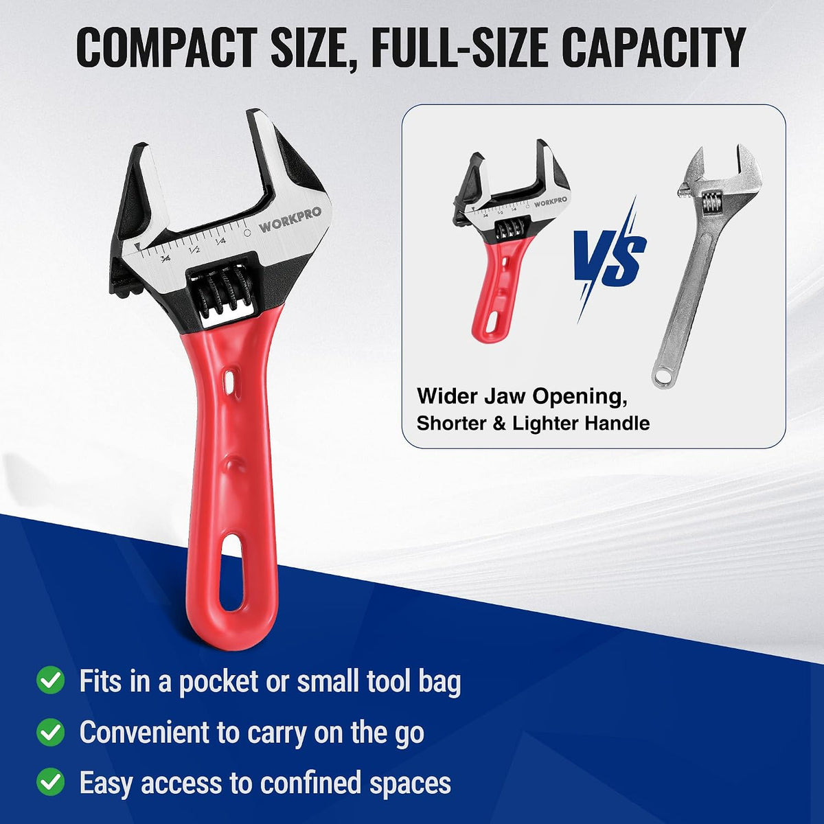 WORKPRO 4" Stubby Adjustable Wrench, 15/16" Extra Wide Jaw Opening